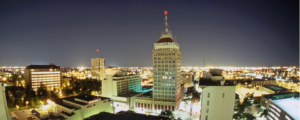Aerial view of downtown Fresno, California at night