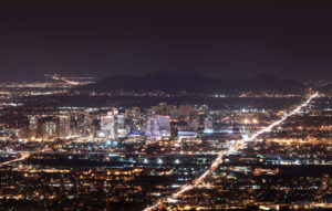 Aerial of Phoenix, Arizona downtown at night. 