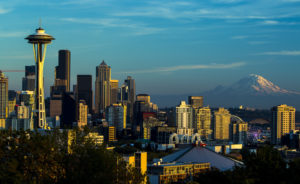 aerial view of Seattle, Washington with the space needle on the left side of the frame.
